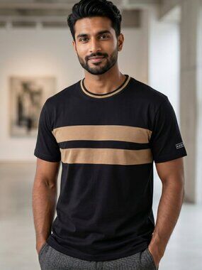 NWT | Kenneth Cole Black & Brown Striped Crewneck Tee | Designer Basic | XL